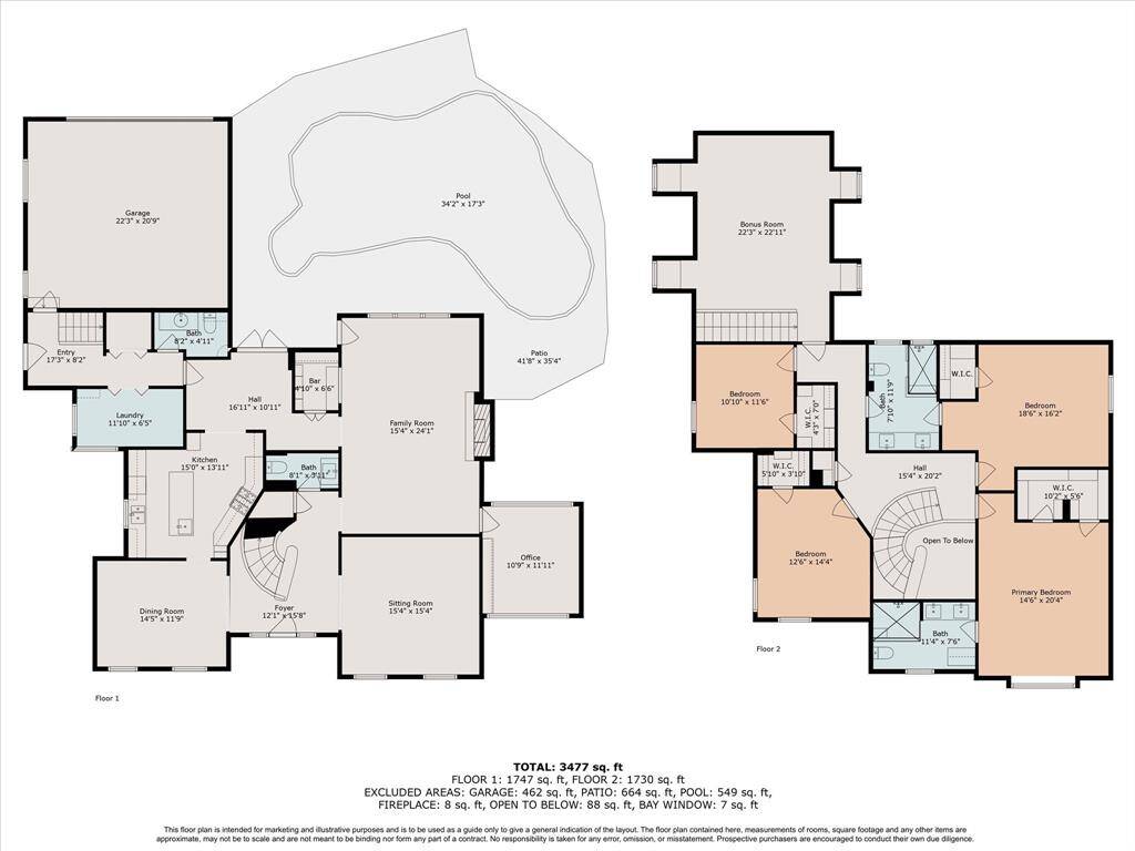 Floor plan 1st and 2nd floor. Room sizes are approximate and should be verified.