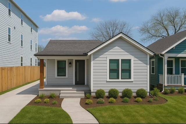 Front- Light Gray Hardie Plank Exterior, White Trim, Black Gutters-Fixtures