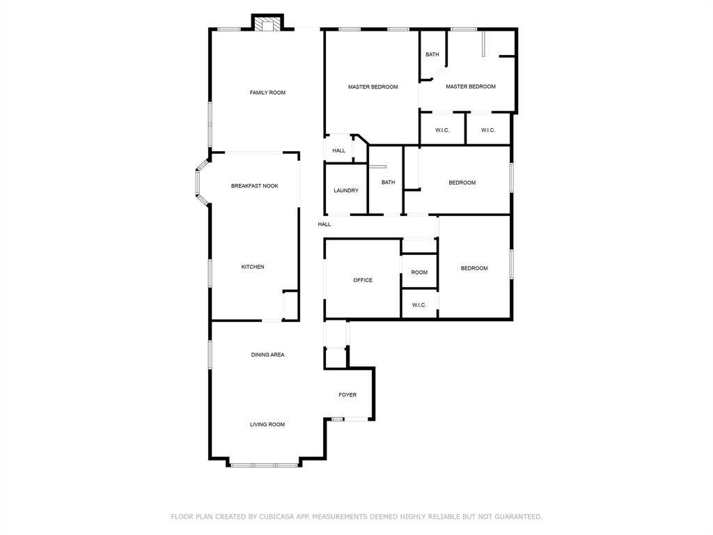 This thoughtfully designed floor plan showcases a spacious single-story layout with 3 bedrooms, 2 full baths, an open-concept kitchen and family room, a dedicated office, and flexible living and dining areas—perfectly blending function and flow for everyday living and entertaining.