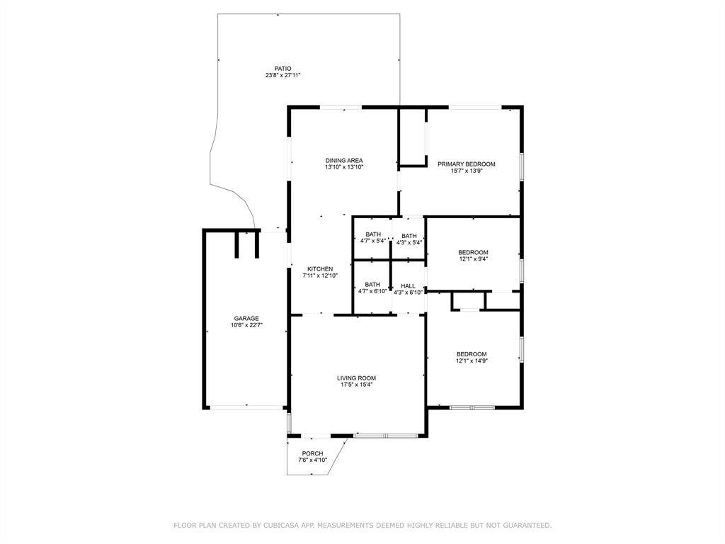 This floor plan features three bedrooms, two bathrooms, a spacious living room, and a dining area. The kitchen is centrally located, adjacent to the dining area. The primary bedroom includes an en-suite bath. There's a large patio at the back, and the layout includes a garage and a porch at the entrance.