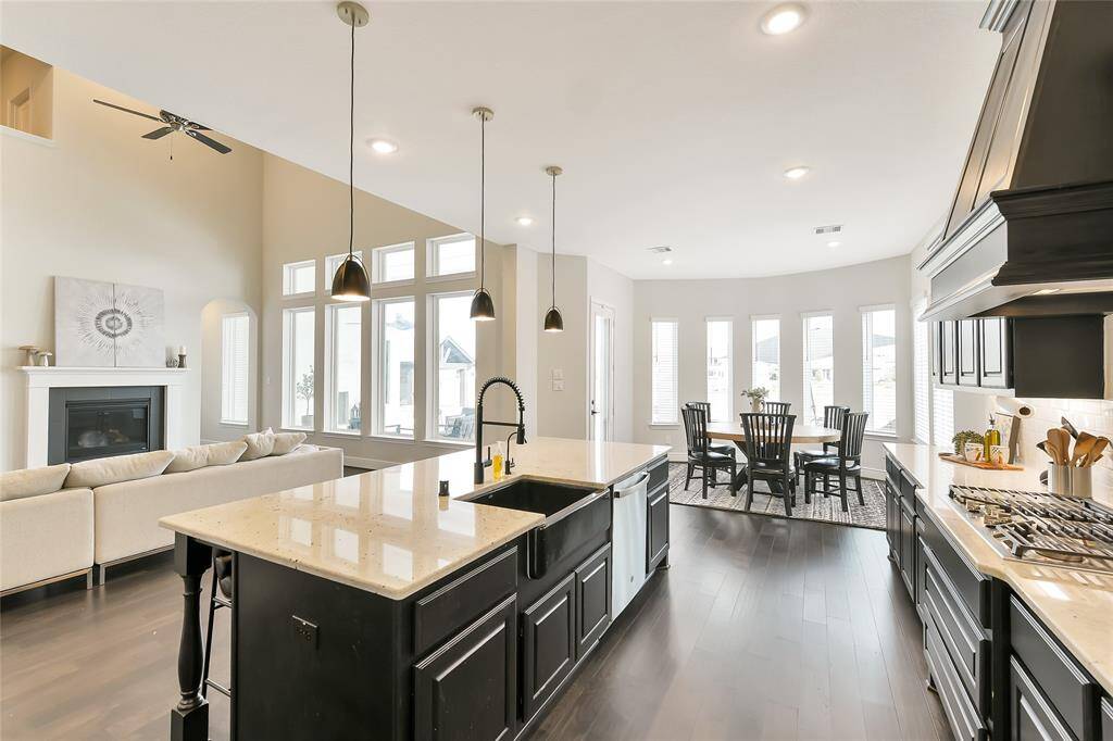 Matte black and gold finishes on light fixtures and semi-pro faucet.