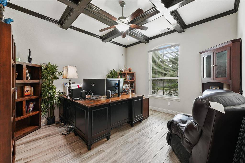 Office with coffered ceiling