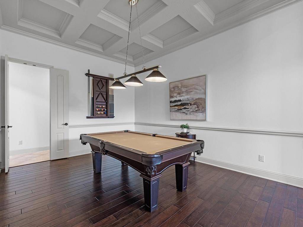 The dining room with coffered ceilings