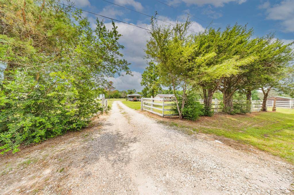 Private gravel driveway surrounded by mature trees leads to your serene country retreat.