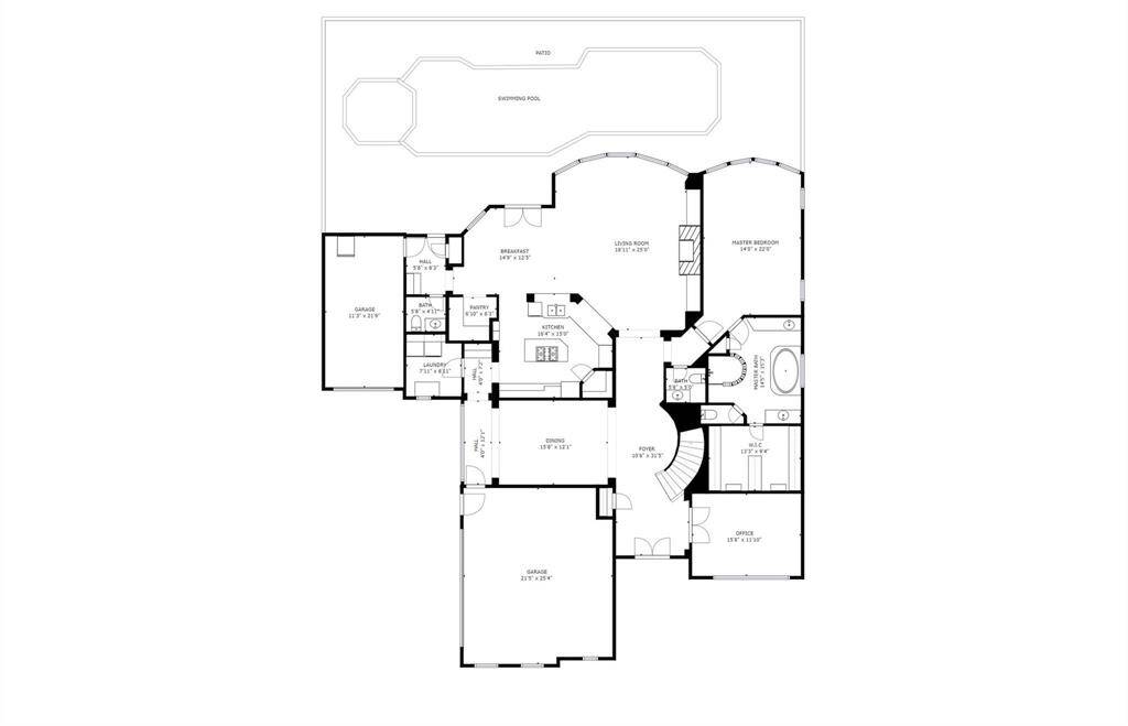 Main Floor Layout for Effortless Living: The first-floor plan highlights the home’s functional flow—from the curved entry staircase and spacious primary suite to the open-concept kitchen, living, and pool-connected MUD area.