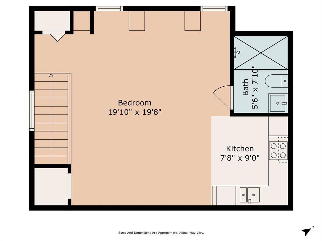 Garage apartment floor plan - note, sizes and dimensions are approximate.