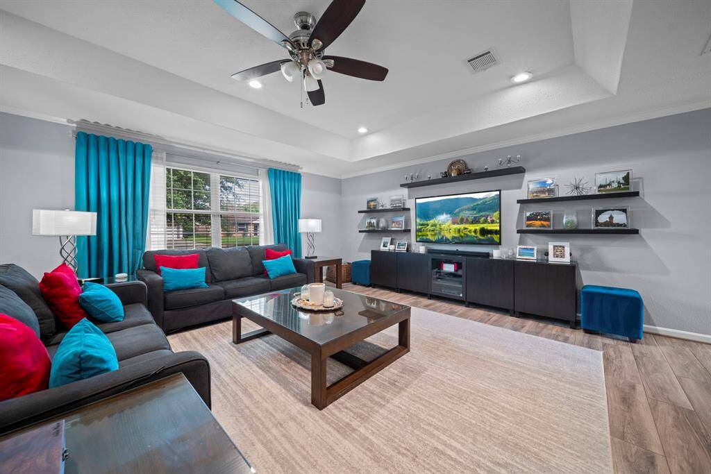 Recessed lighting and tray ceiling!