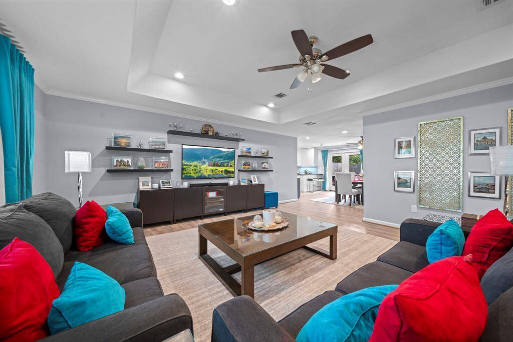 Living room opens up to the kitchen and dining space