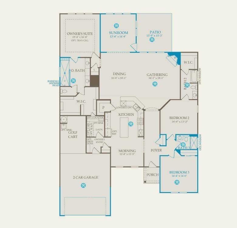 Tangerly  Oak - the blue color indicates the structural upgrades. 4 ft garage extension, fireplace, sunroom, spa shower in Owner's suite, 3rd bedroom with 3rd bath. Shower no tub in Bedroom 3 bath area. Patio is extended to the end of the home not shown in the image.
