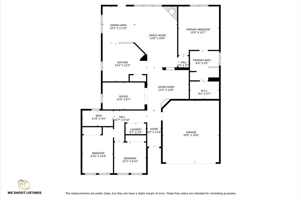 This floor plan features a spacious layout with a family room, living room, and dining area. It includes a kitchen, office, three bedrooms, and two bathrooms. The primary bedroom has an en-suite bath and walk-in closet. There’s a laundry room and a two-car garage for added convenience.