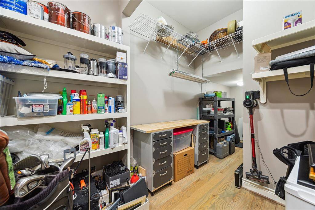 unbelievable storage closet located on first floor adjacent to door to elevator.  Costco closet and then some!!!