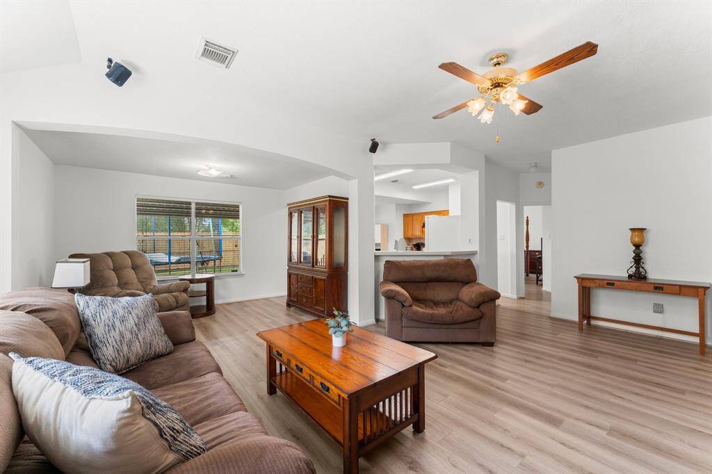 Family room is spacious for oversized furniture.