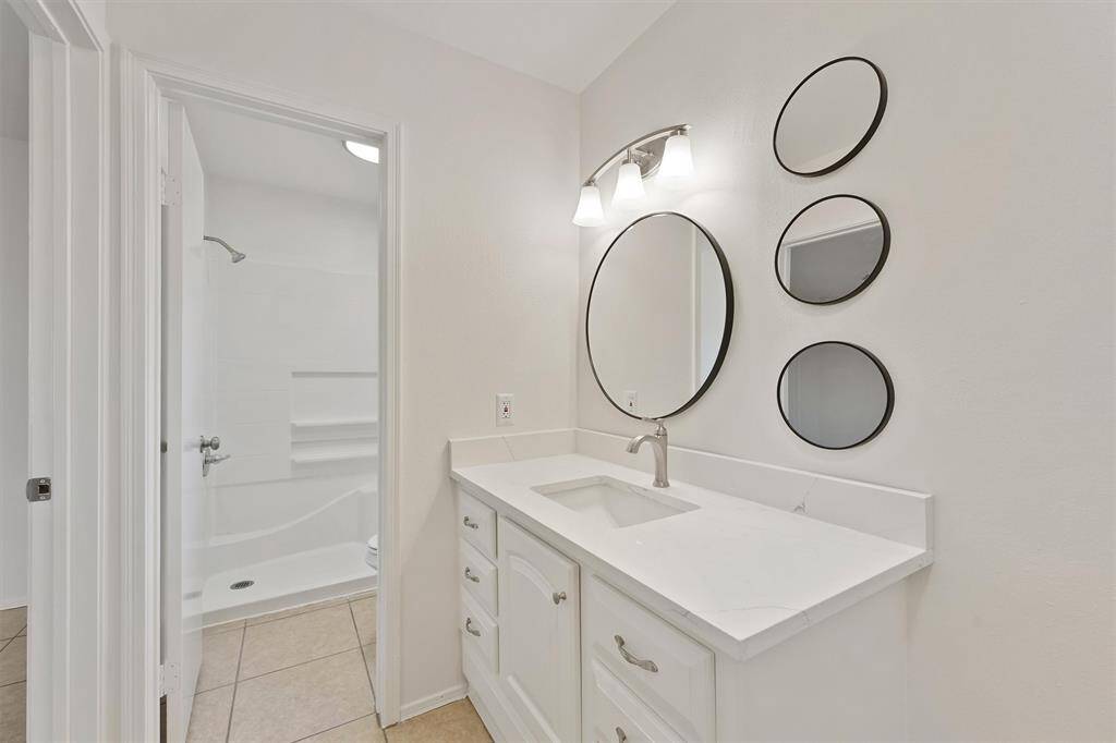 Vanity area leads to shower!