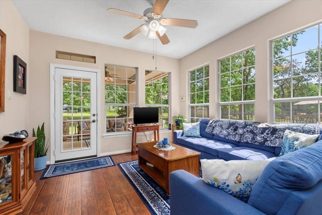 The perfect spot for coffee or tea in the morning! Open to formal dining room, breakfast area and kitchen. Door opens onto front porch and the windows look out to the pool.