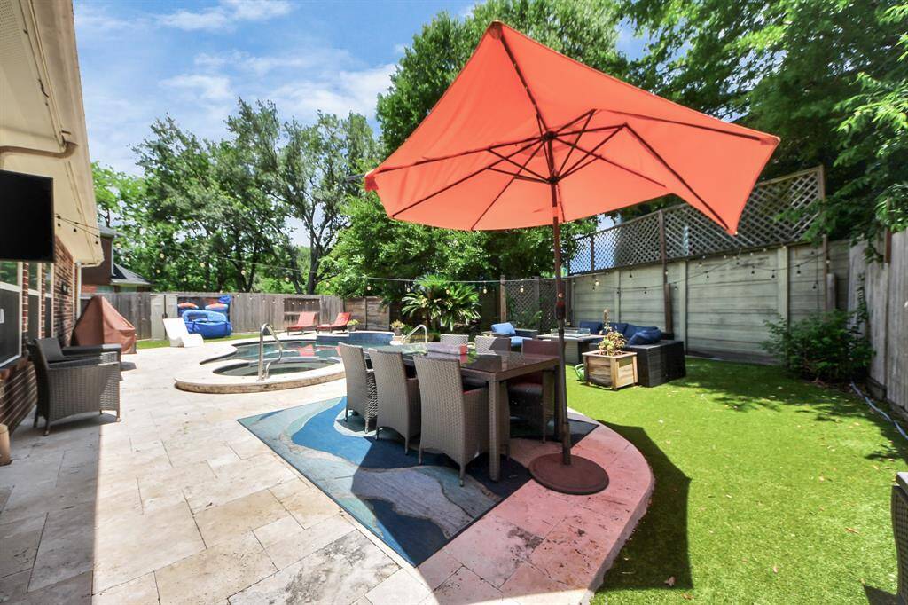 Welcome to your outdoor Oasis. Travertine deck, Turf (No grass in backyard). Tons of privacy.
