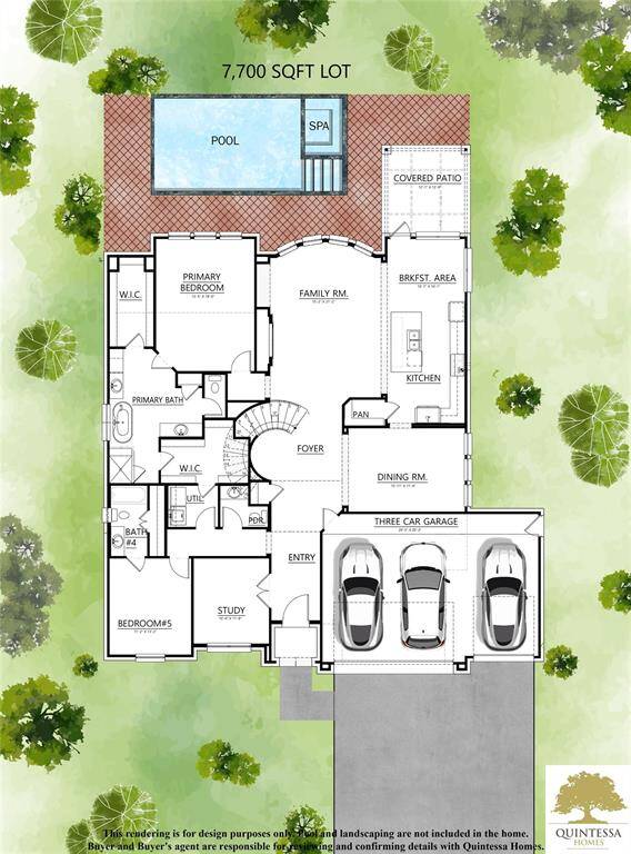 Artist Rendering of first floor on site plan. Pool and sod are not included.