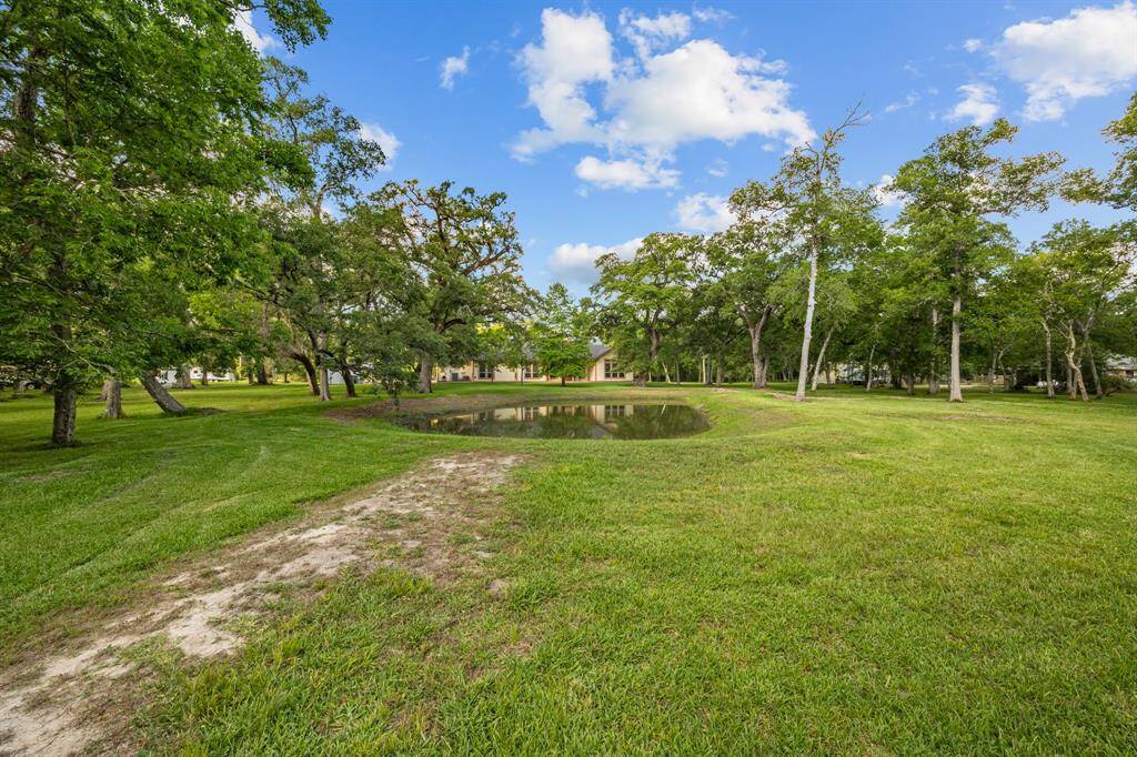 Charming water’s-edge perspective capturing the tranquil pond and verdant lawn, with the home peeking through the treeline beyond.