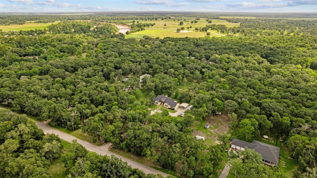 Drone shot revealing the home nestled amid live oaks on a heavily treed 5.3 acre parcel.