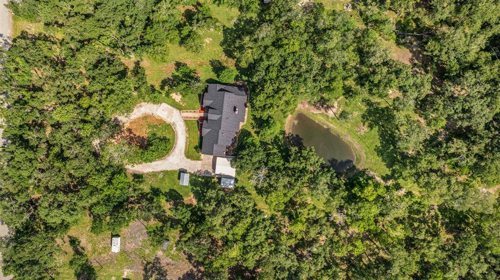 View of the densely wooded Property, with the circular drive and the backyard pond.