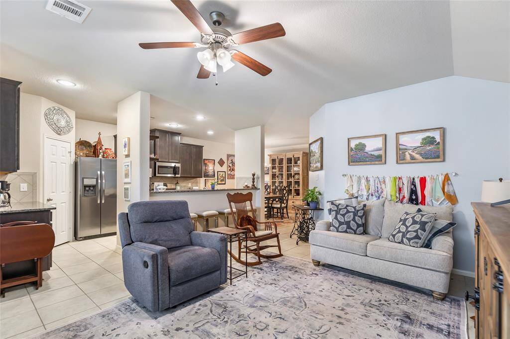 View from Family Room to Kitchen and Dining Room