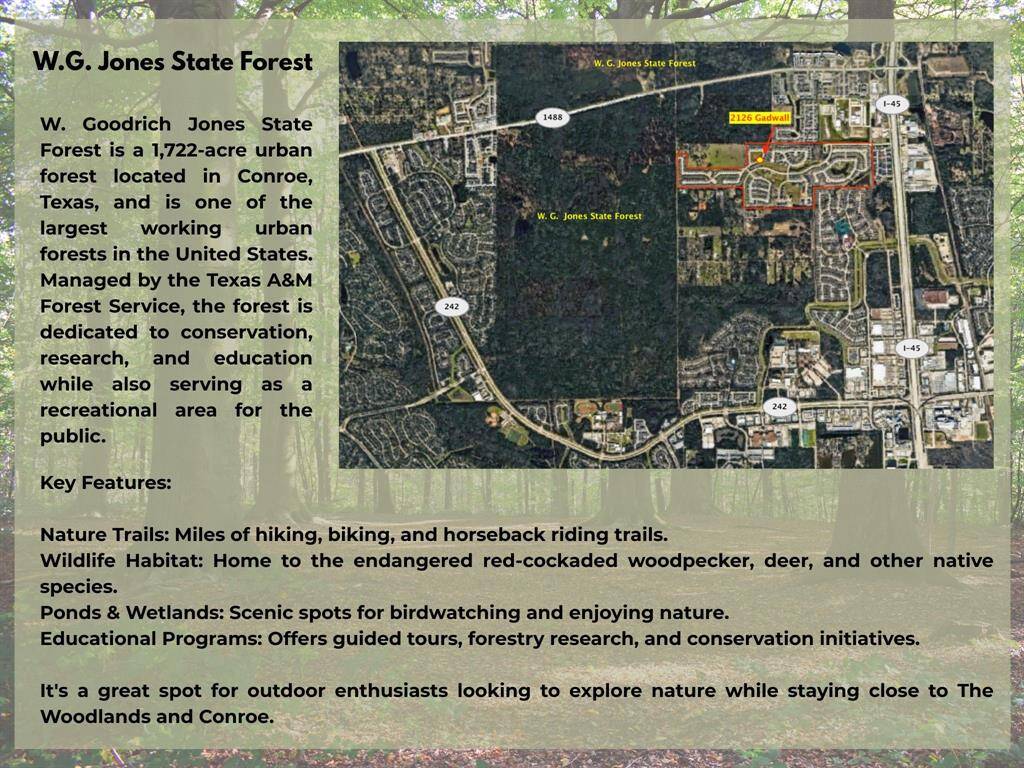 The picturesque community of Stillwater is nestled between the W.G. Jones State Forest and Interstate 45, offering a perfect balance of natural beauty and convenient access for commuters.