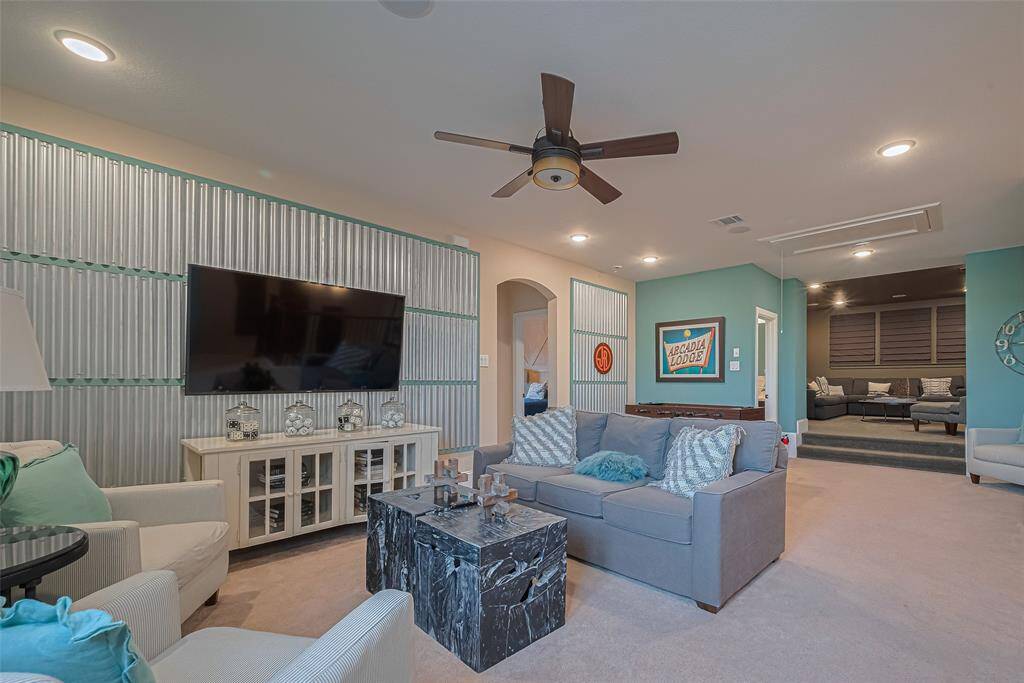 Another feature wall behind the TV, designer paint, and enough space for seating and game area
