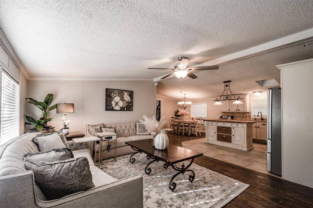 Living, kitchen, dining.