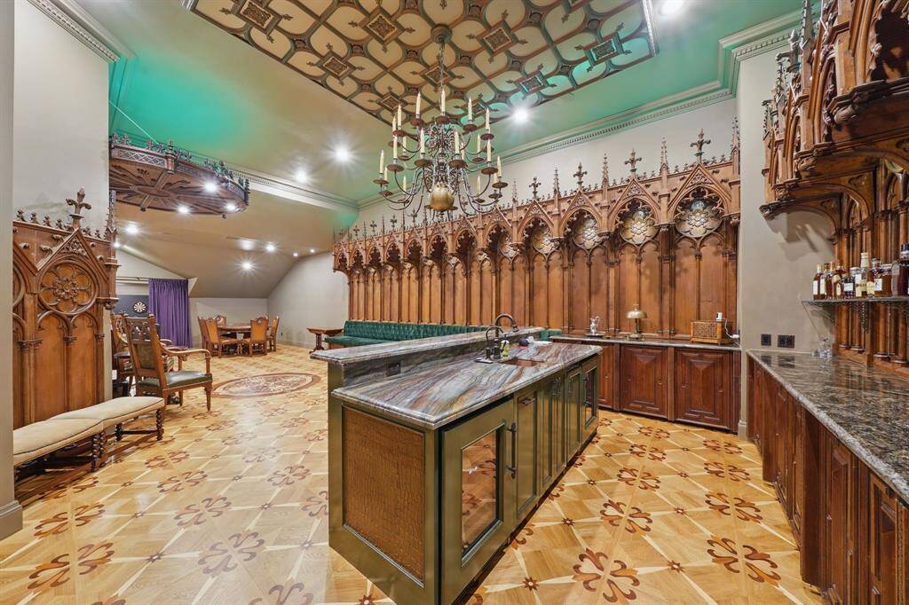 The speakeasy has a wet bar with spacious countertops and plenty of storage space.