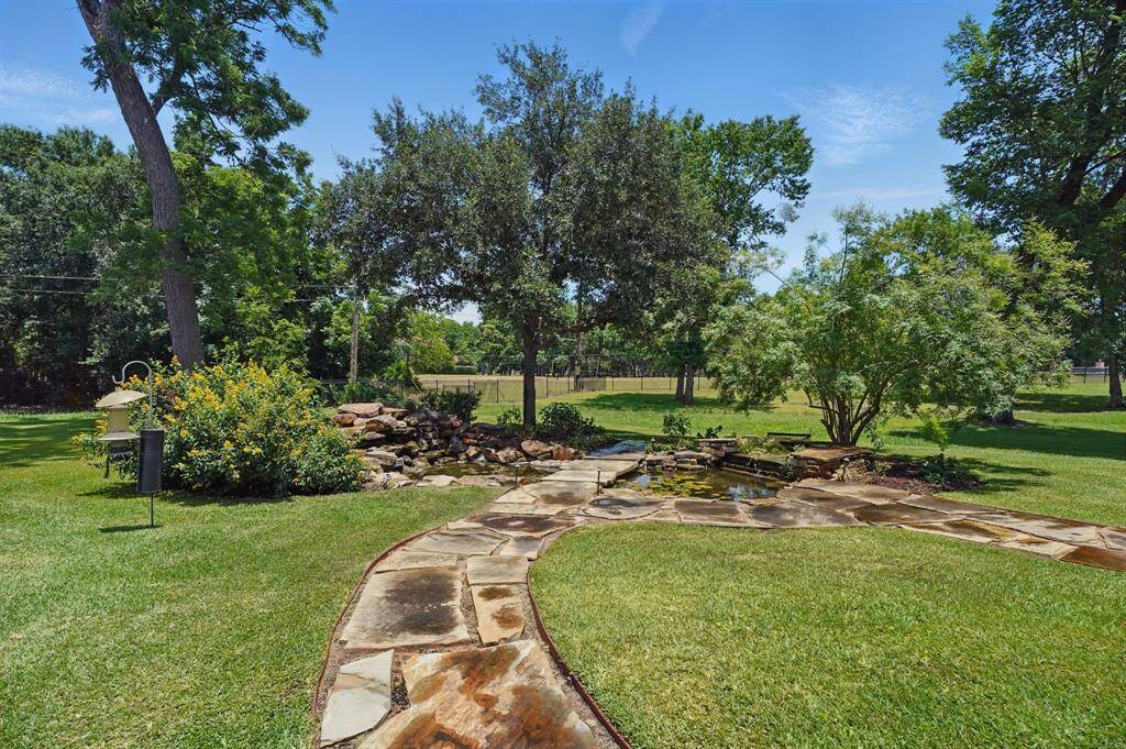 A paved walkway leads to the koi pond.