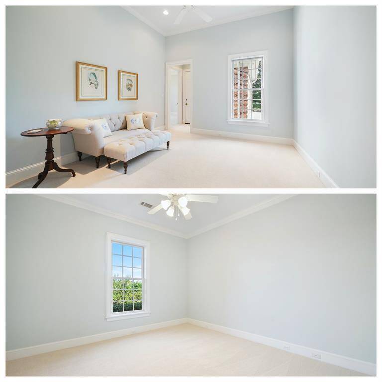 There are two secondary bedrooms on the first floor with shared full bath and closet. Both have direct access to the garage. They can easily convert to a flex/nursery/quarters/nanny/or bedroom + additional living room for a complete guest suite.