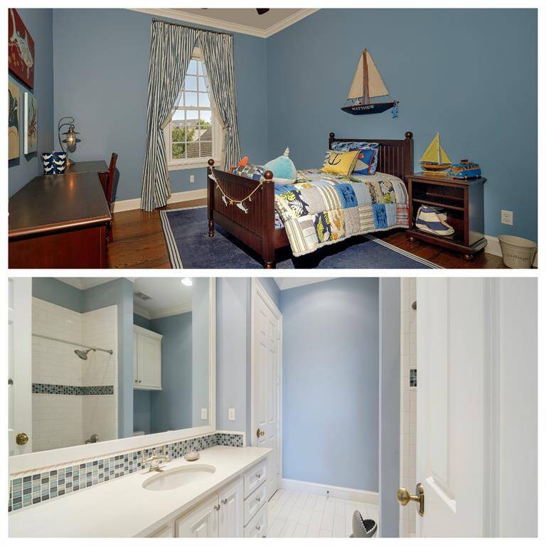 The second of the secondary bedrooms on the 2nd floor. En suite full bath and tub/shower combo has an Okite counter, built-in medicine cabinet, Kohler fixtures, and built-in shower cubby. Subway tile and glass accents, and tile floors that resemble whitewashed wood planks