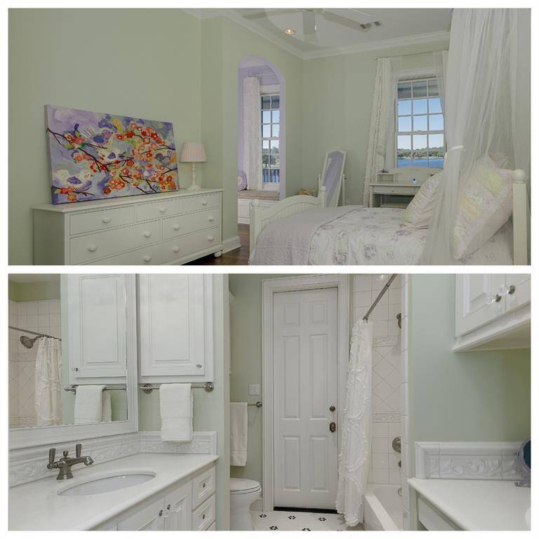 The third of the secondary bedrooms on the 2nd floor has lake views in the bedroom as well as in the arched sitting area with upholstered benches. En suite full bath with tub/shower combo has an Okite counter, built-in medicine cabinet, Kohler fixtures, and built-in shower cubby. Intricate raised relief molding tile work throughout with hex floral mosaic floors. Built-in vanity with storage. Waterford crystal double sconce integrated into the framed mirror.