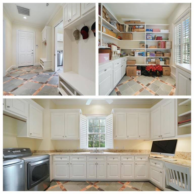 Large mudroom with a pair of entry drop-zones. Pocket doors for the utilty and butler's pantry/storage. Large walk-in butler's pantry can be used for storage as well. Laundry will never be a chore in this multi-functional utility room! Spacious utility room with hanging rod, built-in study w/desk and cabinets/shelving and under cabinet lighting. Sink with pull-out spray and Level 3 Colonial Cream granite. Plantation shutters open to lake views. Quartzite flooring with brick accents unifies the 3 rooms.