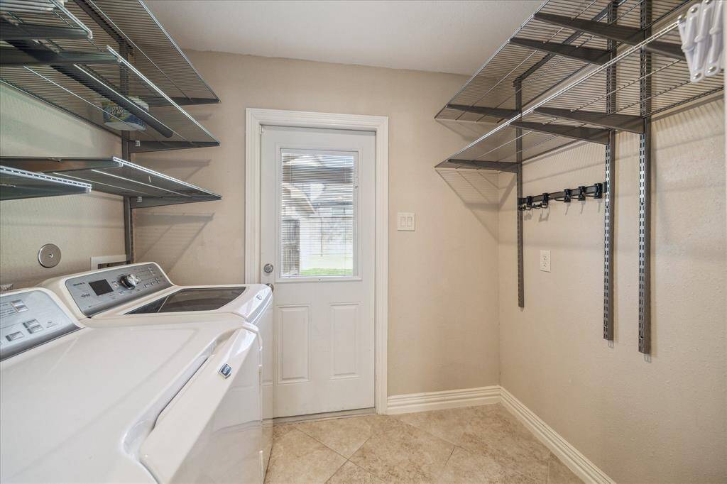 Laundry Area with Elfa Shelving. Washer/Dryer Stay.