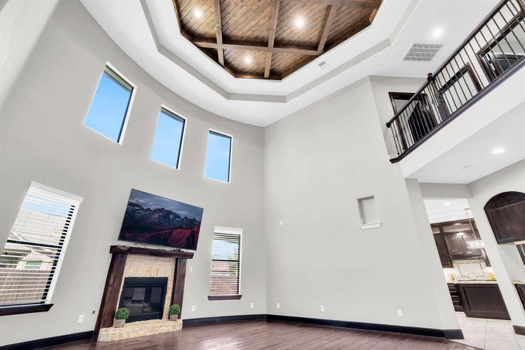 A look up at your beautiful wood designed ceiling of your Living Room! 5912 T St., Katy, TX  77493