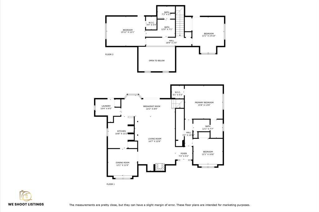 Floor plan showcases a two-story home. The first floor includes a living room, dining room, kitchen, breakfast nook, laundry room, and two bedrooms, including a primary bedroom with a walk-in closet. The second floor features two additional bedrooms and a bathroom, with an open area overlooking the first floor.
