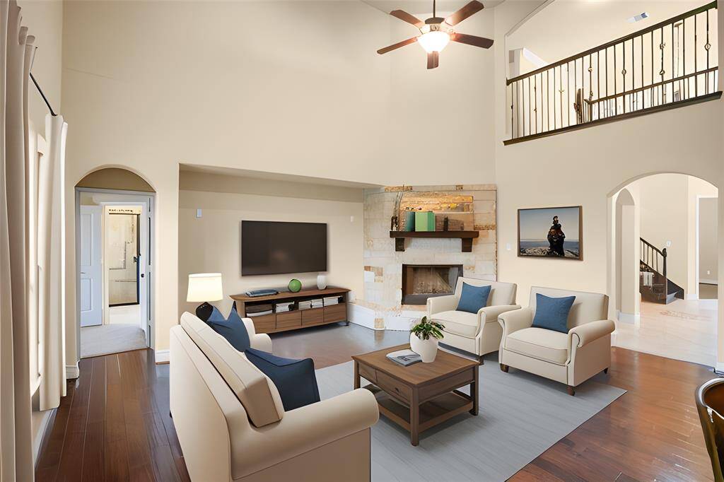 Virtually staged family room.
