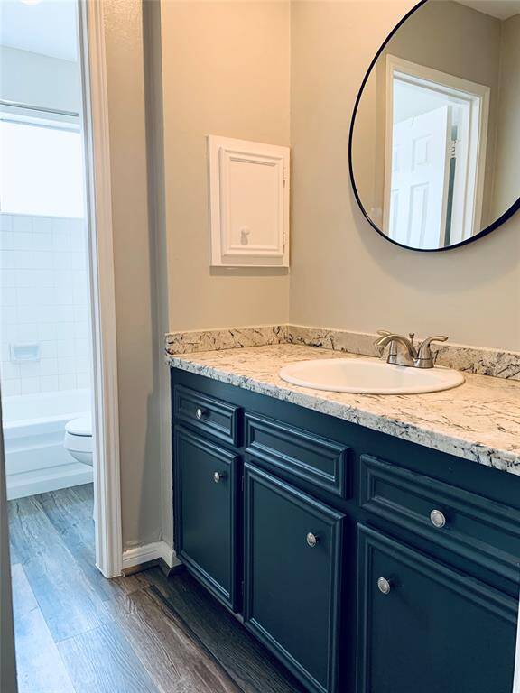 Hall bath has updated countertops, mirrors, fixtures and sink!