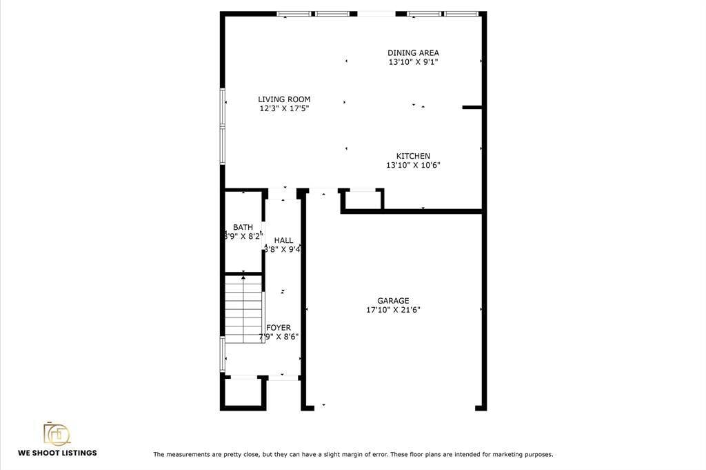 This floor plan features a spacious layout with a living room, dining area, and kitchen. The main level includes a bath, hall, and foyer, leading to a large garage. Ideal for convenient living and entertaining.