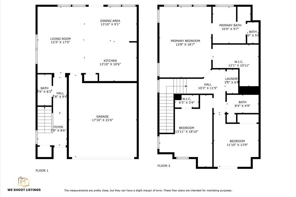 This floor plan shows a two-story home. The first floor includes a living room, dining area, kitchen, bath, and a garage. The second floor features a primary bedroom with an en-suite bathroom, two additional bedrooms, a shared bath, and a laundry area. There are also walk-in closets for ample storage.