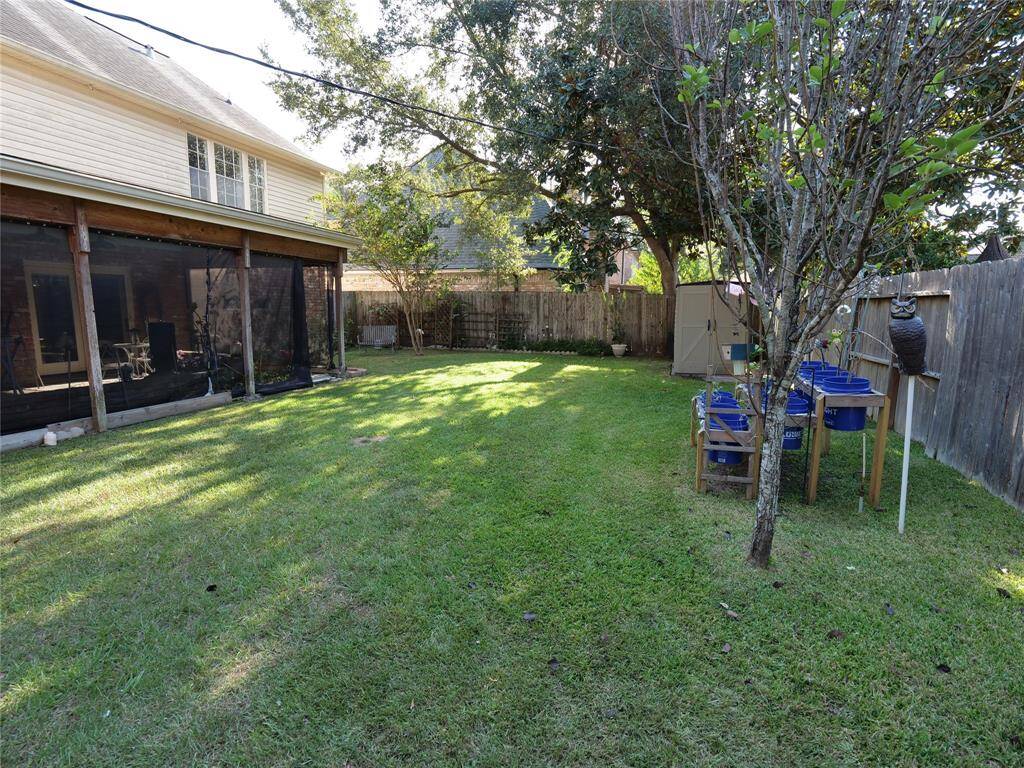 Storage building and vegetable garden in the backyard