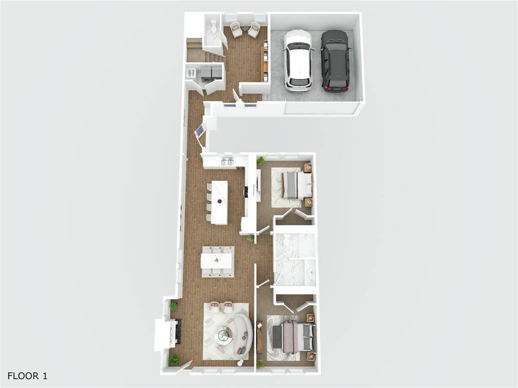 This detailed 3D floorplan provides a clear visualization of the first-floor layout, showcasing the open-concept living and kitchen areas, secondary bedrooms, bathrooms, and flow to the rear addition. It offers a comprehensive look at the thoughtful design and spacious flow that define this home’s renovation.