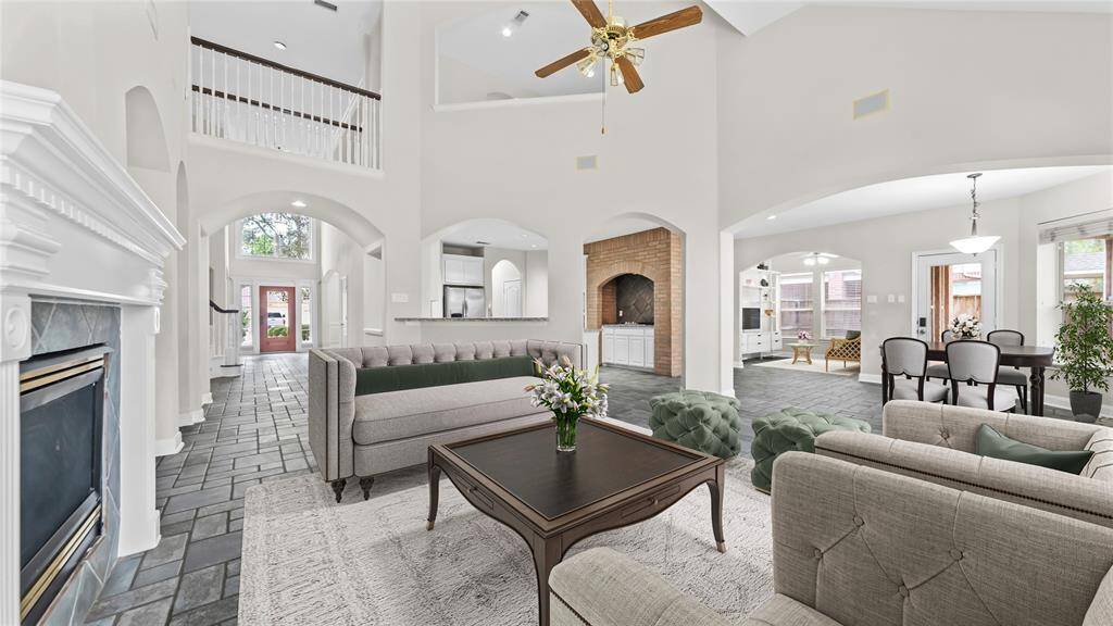 Living area with view of breakfast virtually staged